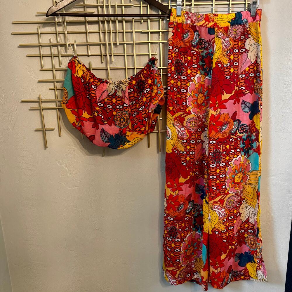 Girl Soul Retro Floral Palazzo Pants & Crop Top Set M